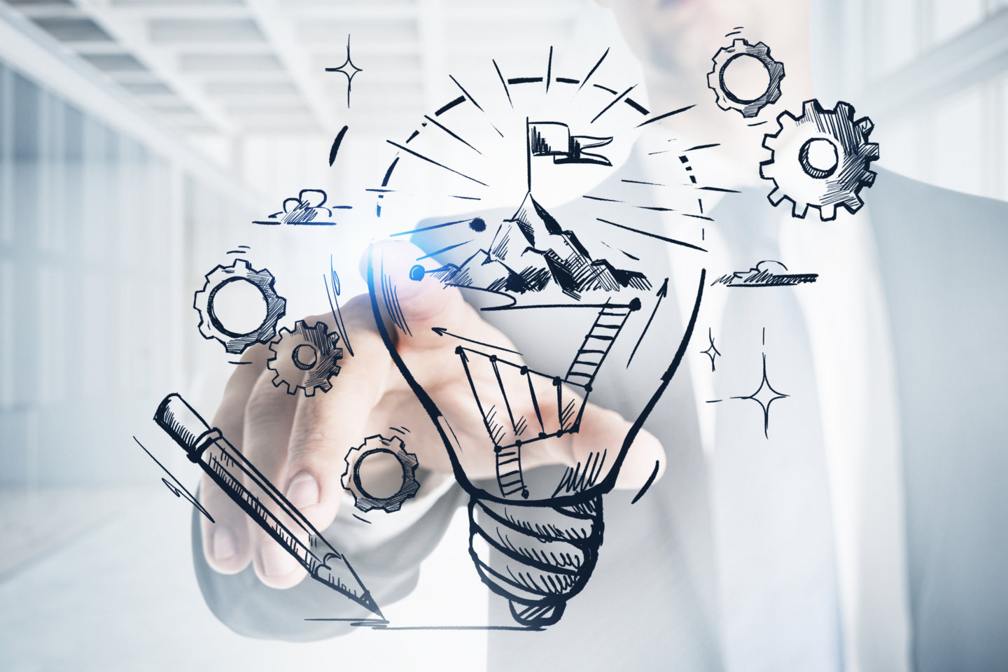 Businessman finger point at drawing of bulb with mountain top, double exposure. Illustration sketch on blurred background. Concept of start up and new ideas, success