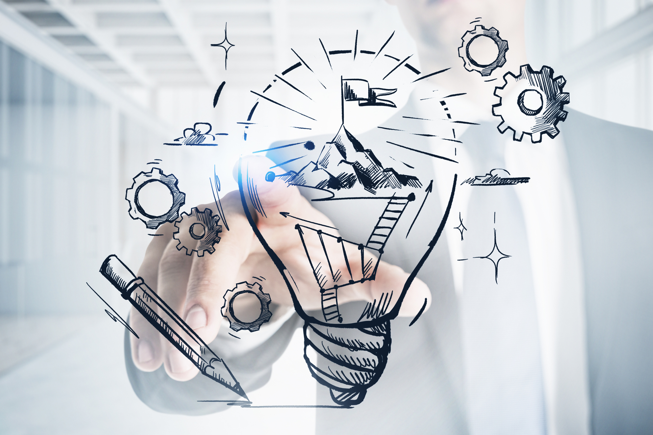 Businessman finger point at drawing of bulb with mountain top, double exposure. Illustration sketch on blurred background. Concept of start up and new ideas, success