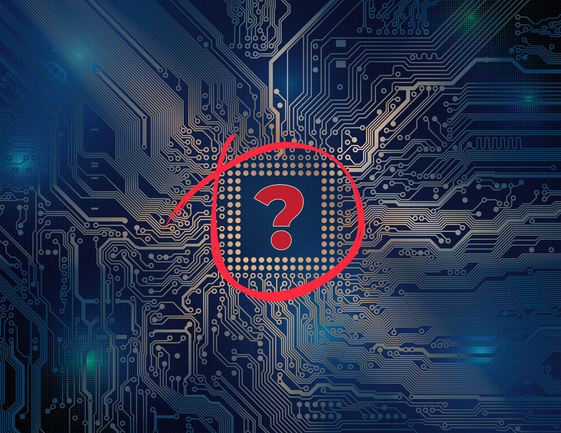 A digital circuit board background with a microchip in the center, highlighted by a red circle and curved arrow, featuring a red question mark, symbolizing technology or artificial intelligence uncertainty.