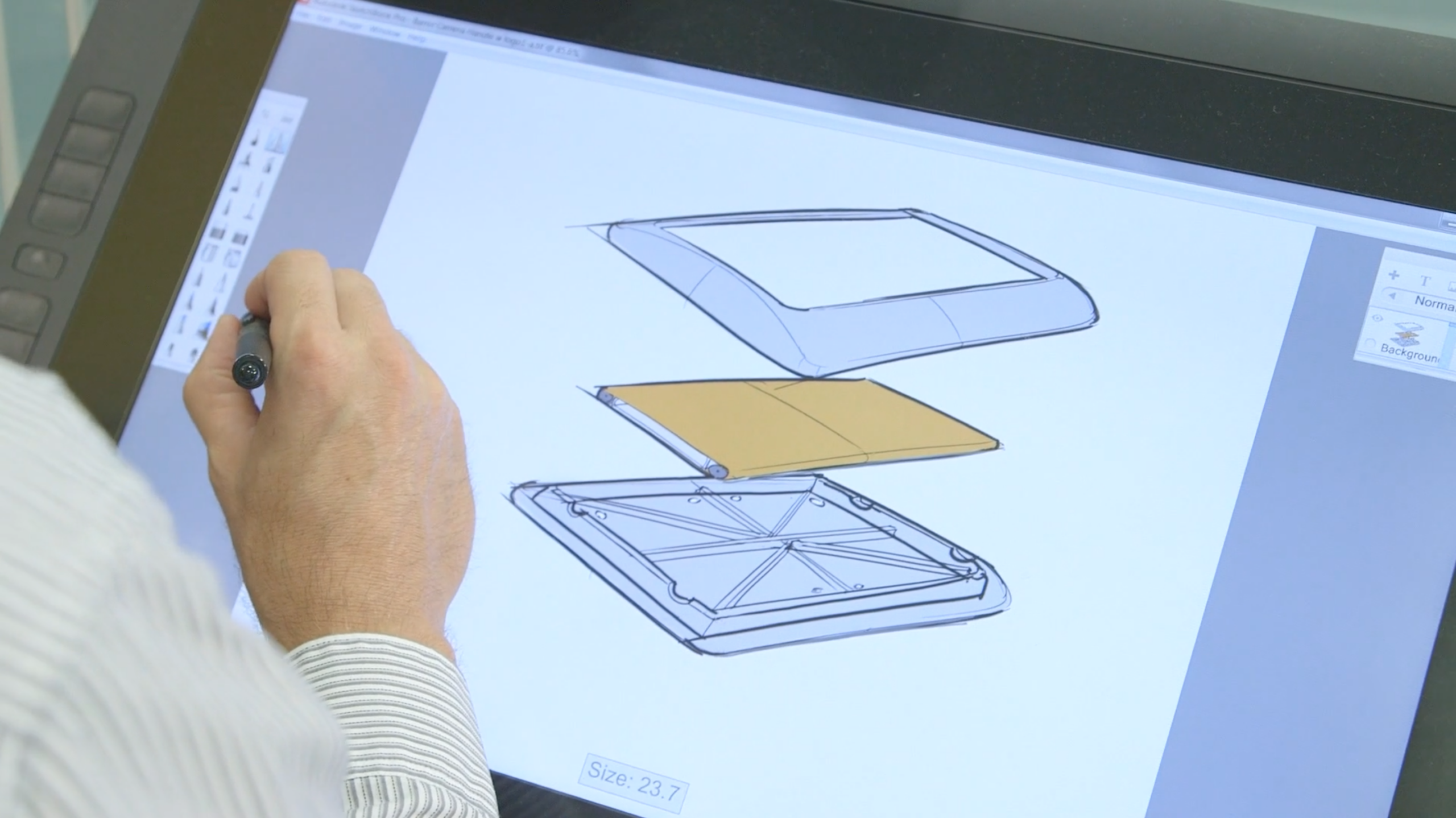 A person uses a stylus on a tablet to create a digital sketch of an exploded view of a rectangular device, showing its internal components in separate layers on the screen.