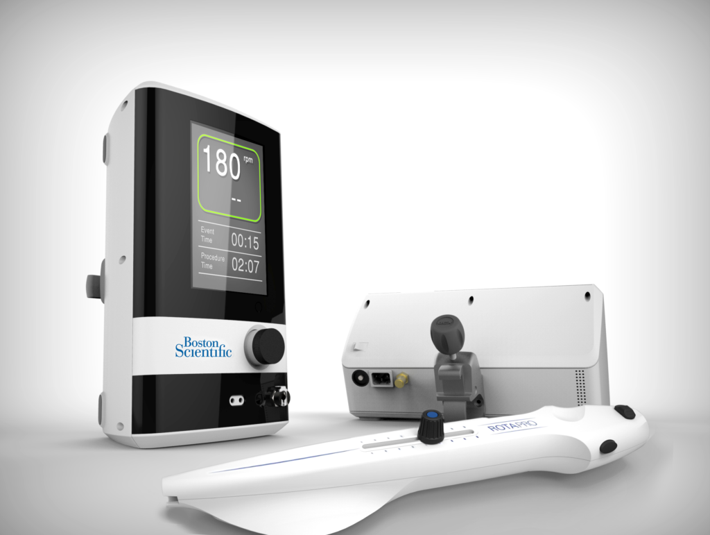 Three pieces of medical equipment labeled "Boston Scientific," including a handheld control device with a screen displaying "180°," a white electronic unit, and a white handheld tool with "ROTAPRO" written on it.