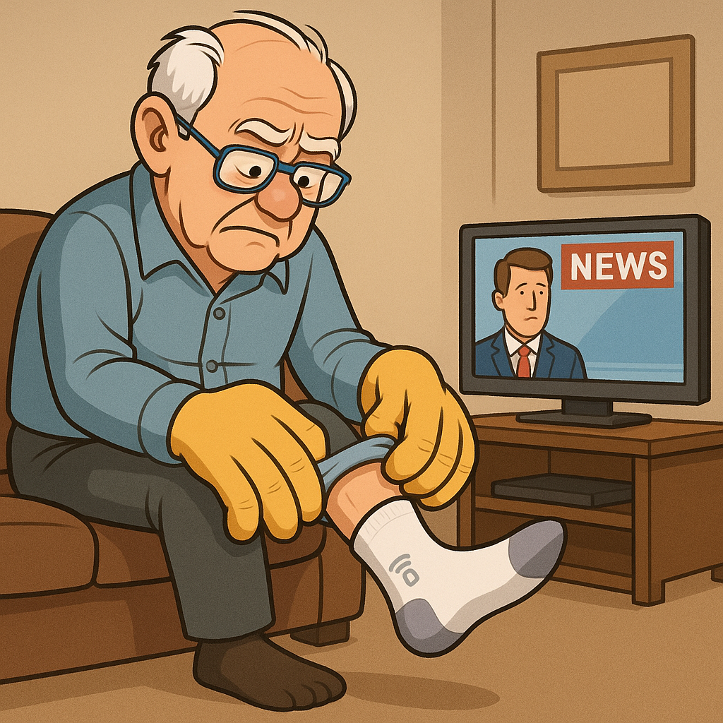 An elderly man wearing glasses and yellow gloves sits on a couch, pulling up a sock labeled "L" on his foot. A TV in the background displays a news anchor and the word "NEWS.