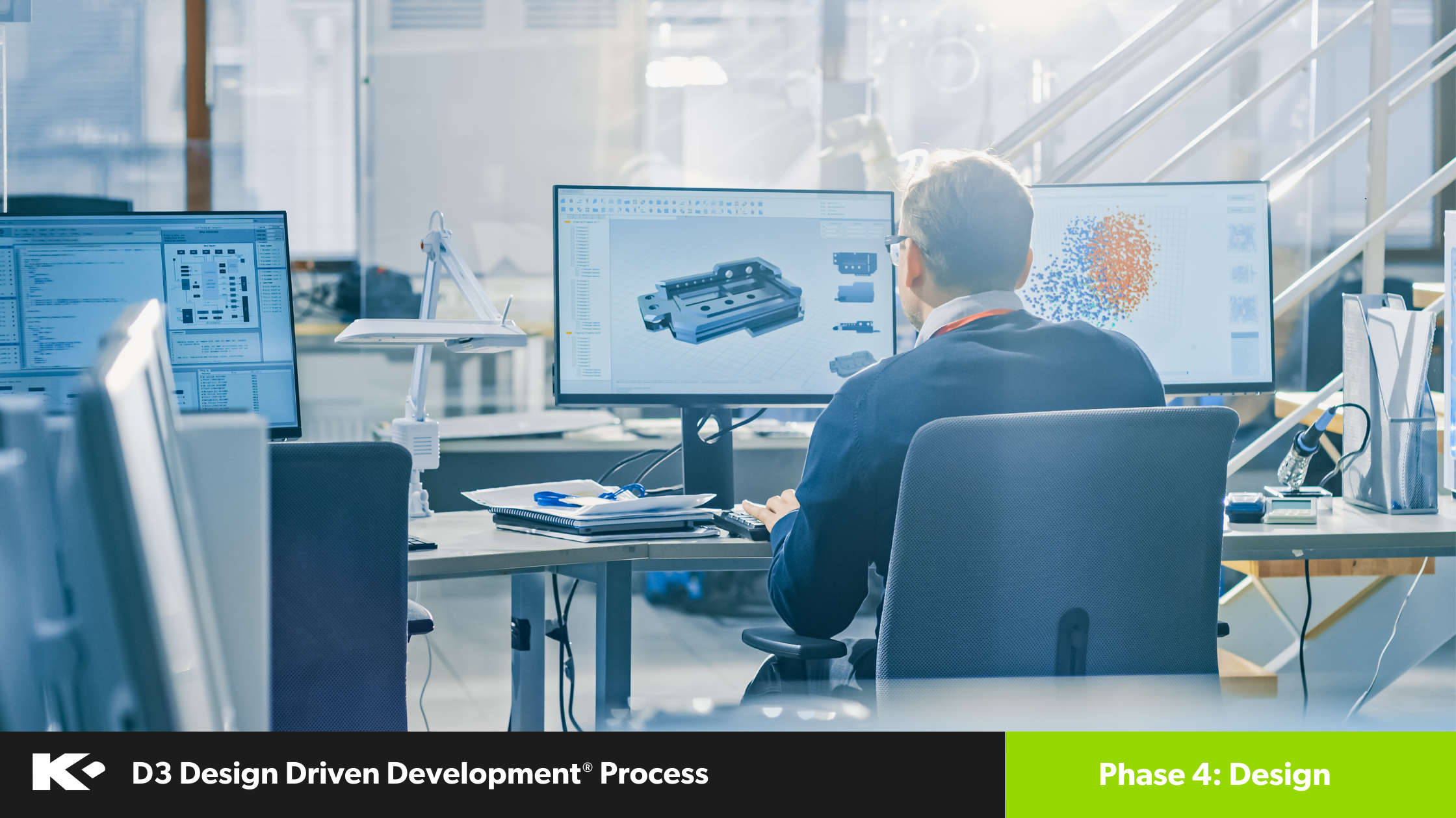 A person sits at a desk in a modern office, working on a 3D design displayed on large computer monitors. The text at the bottom reads "D3 Design Driven Development Process - Phase 4: Design.