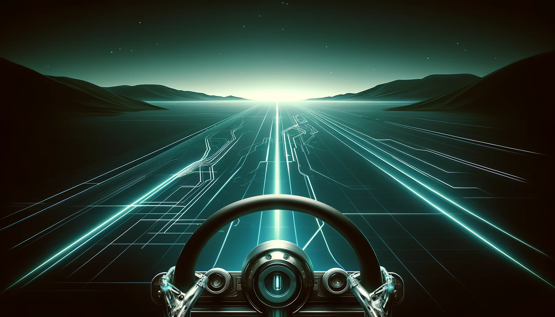 A futuristic driver's view shows a glowing digital highway extending toward the horizon, with circuit-like patterns on the road and mountains silhouetted under a starry night sky.