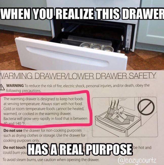 An oven’s lower drawer is open, revealing it can keep food warm. Text highlights a warning about using the drawer for keeping food hot, not for storage or cooking, with a diagram showing proper use.
