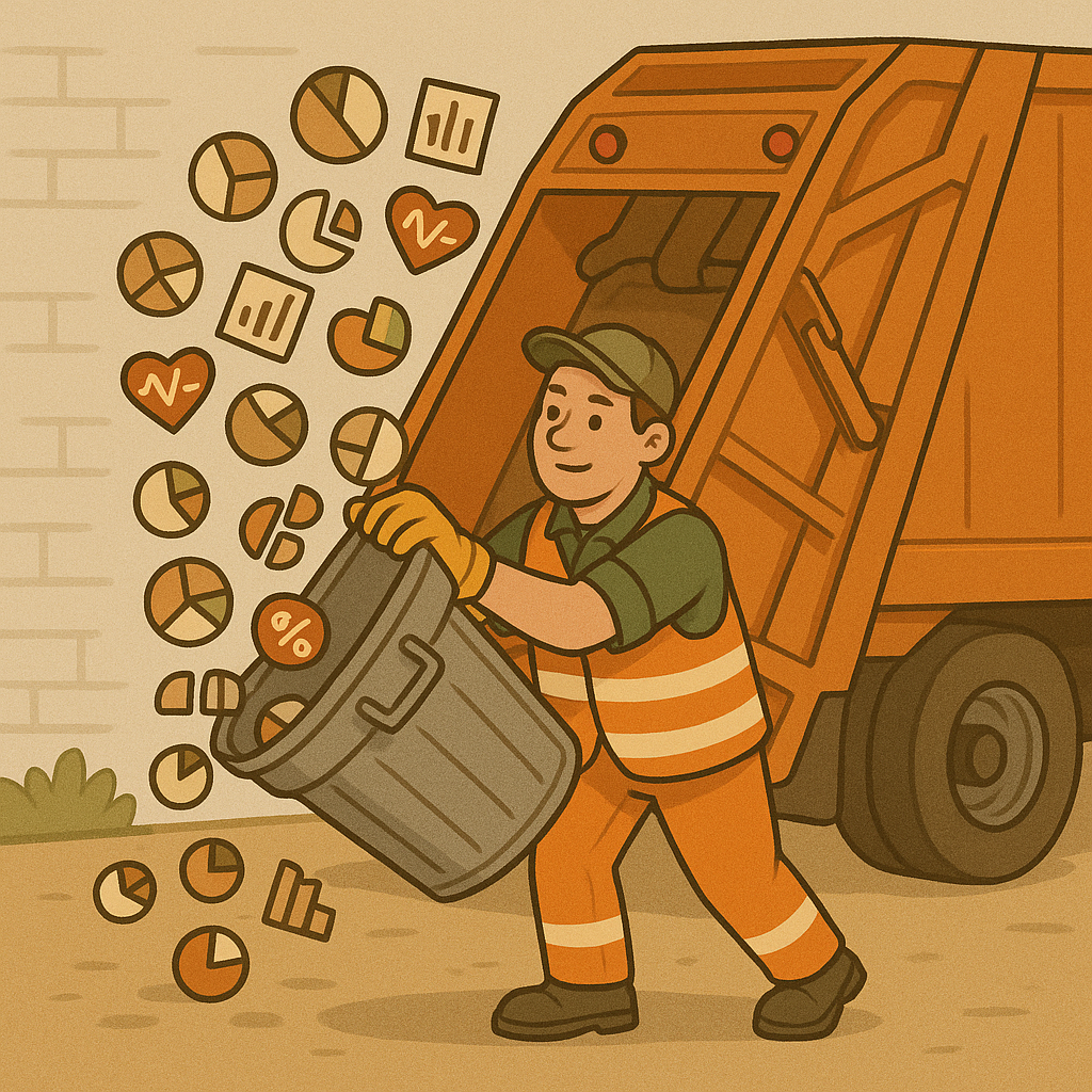 An illustration of a sanitation worker dumping a trash can, with charts, graphs, and statistics symbols falling out, next to an orange garbage truck. The worker is smiling and wearing an orange safety uniform.