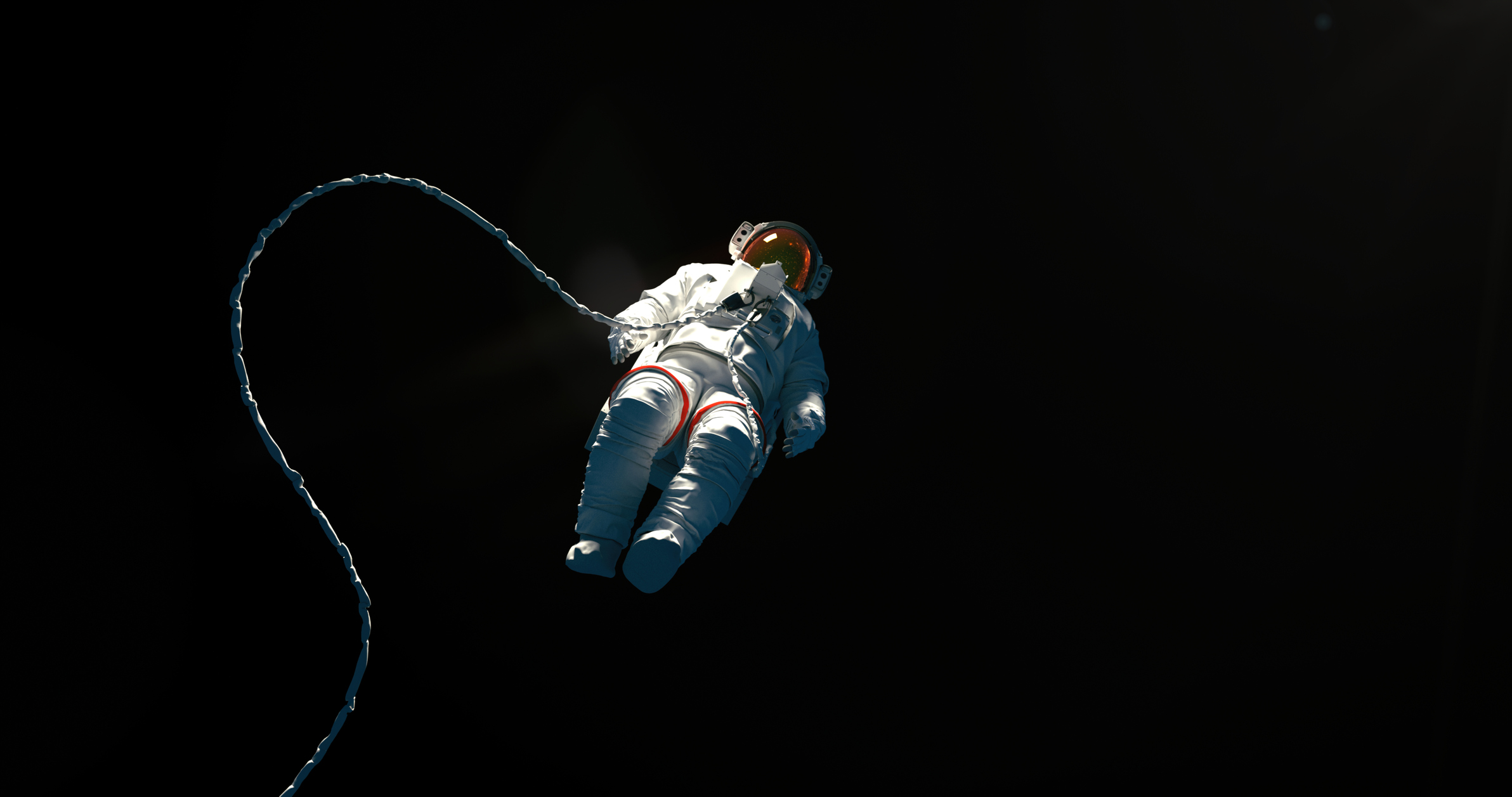 An astronaut in a white spacesuit, attached to a long cable, floats alone against a dark, empty space background.