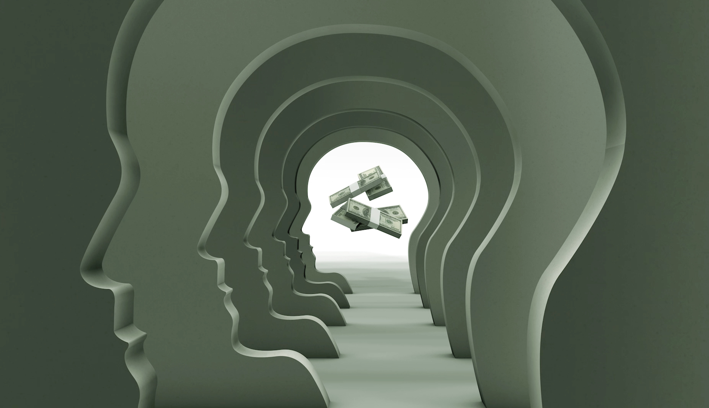 A row of stylized, hollow human head profiles creates a tunnel effect, with floating stacks of dollar bills visible at the center of the composition.