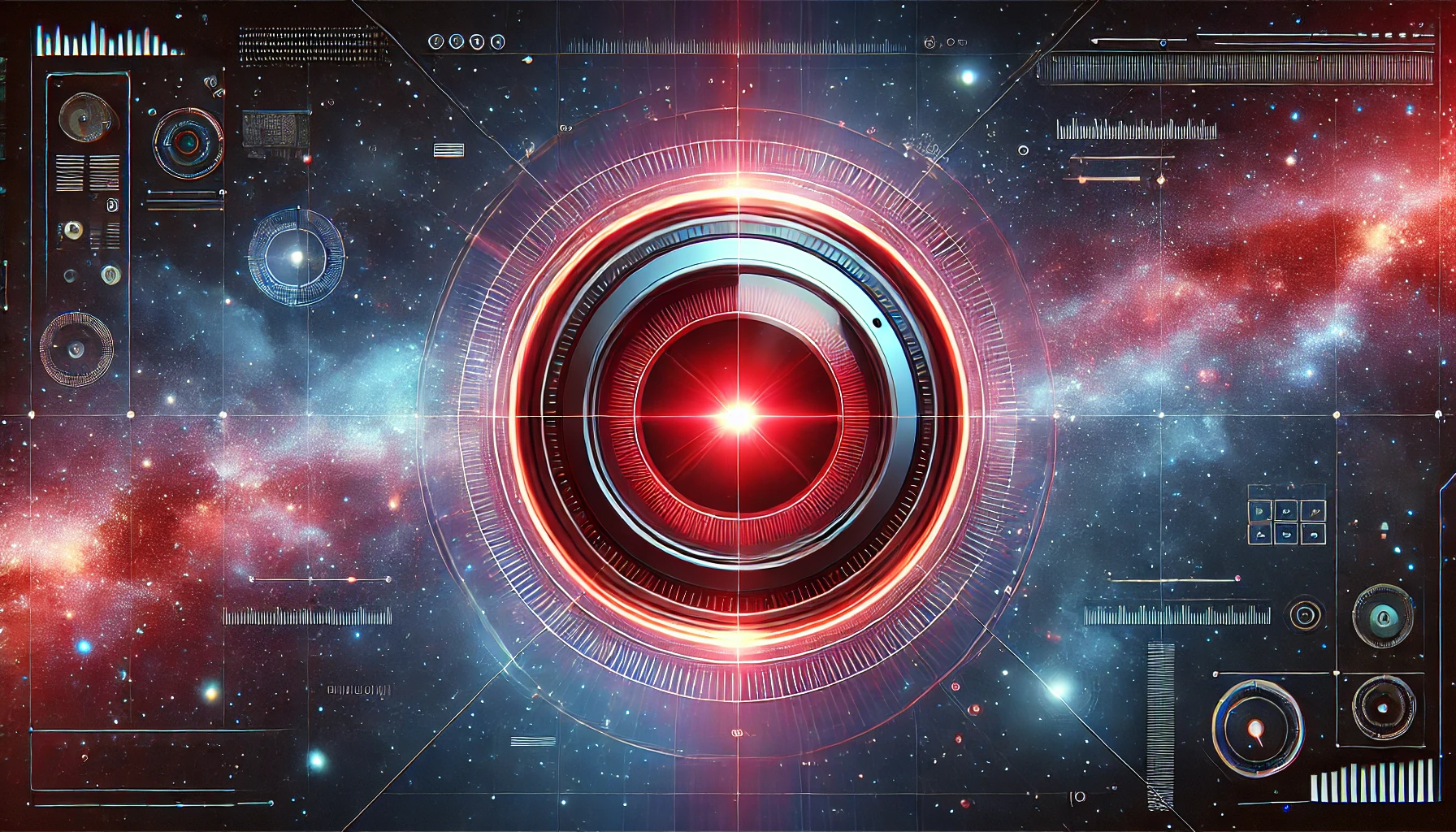A large, glowing, red and silver futuristic lens or eye is centered against a starry space background, surrounded by digital interface graphics and data displays, evoking advanced technology and artificial intelligence.