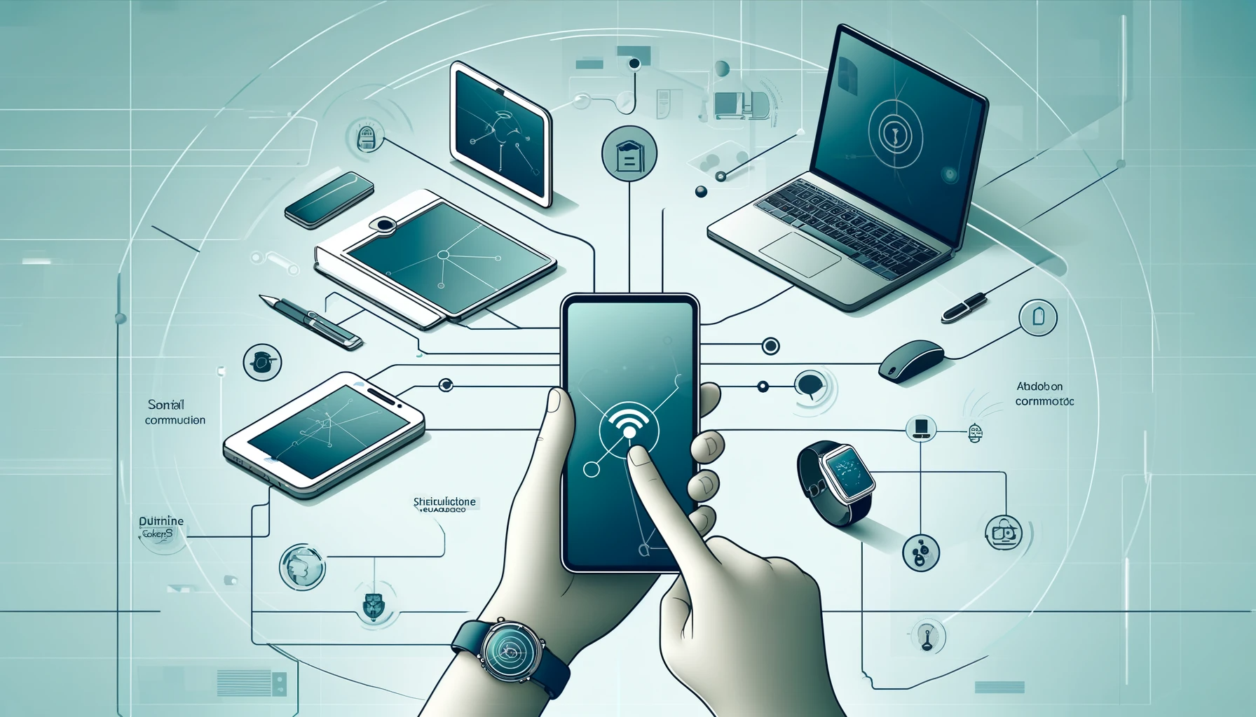 A person uses a smartphone surrounded by connected devices, including a laptop, tablets, smartwatch, wireless mouse, and earbuds, illustrating a network of modern digital technology and wireless communication.