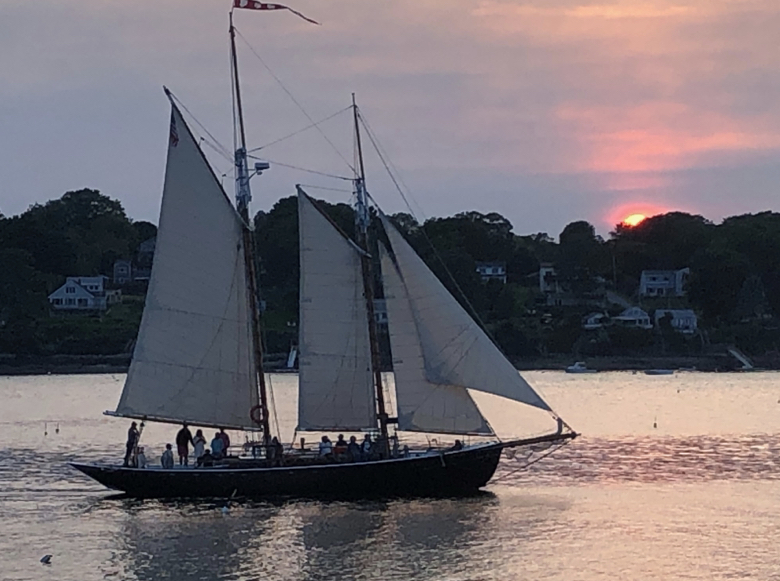 A large sailboat with raised sails glides on calm water at sunset, with silhouettes of people on board and houses visible along the tree-lined shore in the background. The sun is partially set, casting a pink and purple sky.