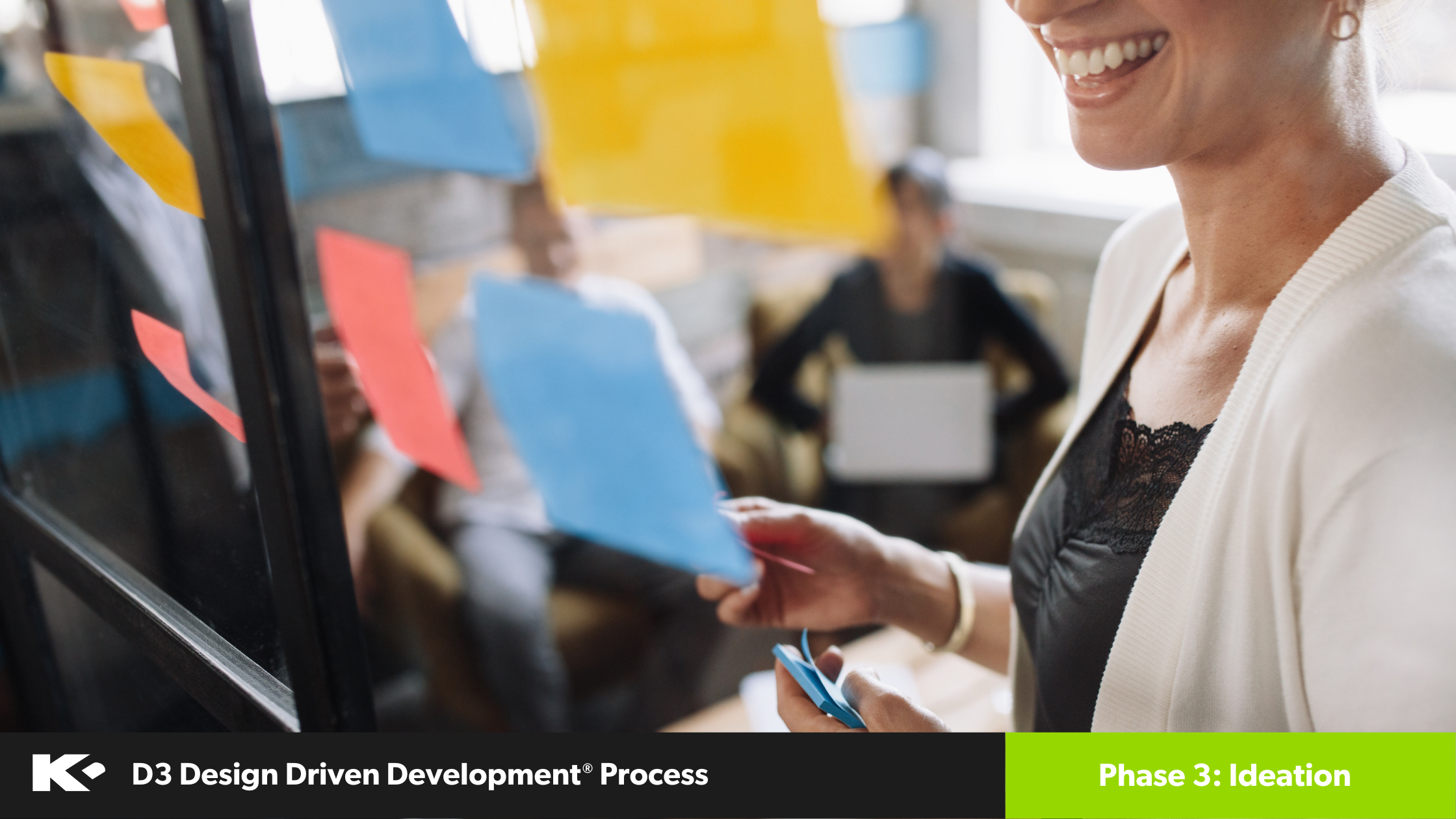 A smiling person places colorful sticky notes on a glass wall during a group brainstorming session. The text at the bottom reads "D3 Design Driven Development Process - Phase 3: Ideation.