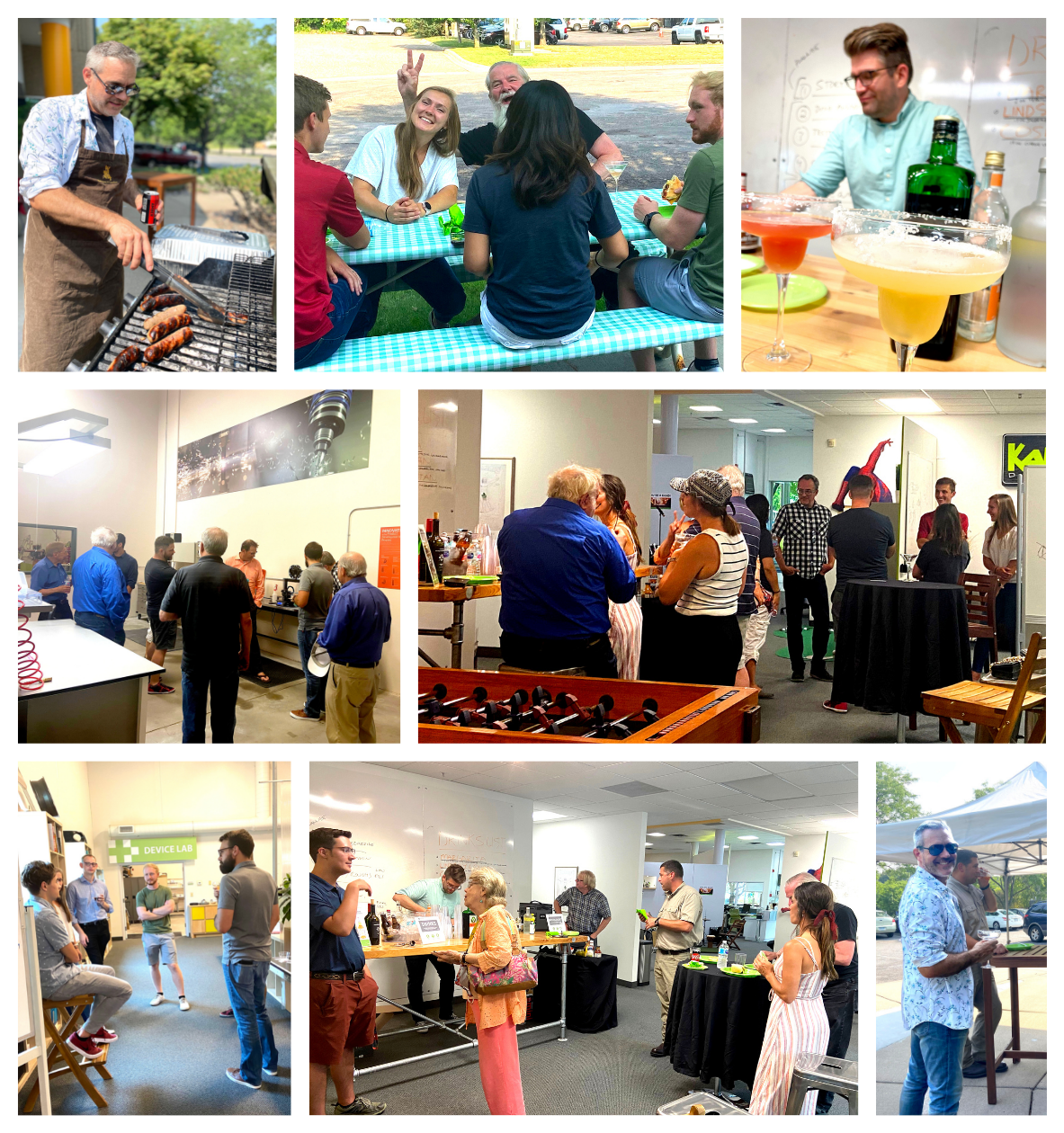 A collage shows people at an office party: grilling food outdoors, chatting at a picnic table, making cocktails, playing foosball, serving drinks, and socializing in groups inside a modern workspace.