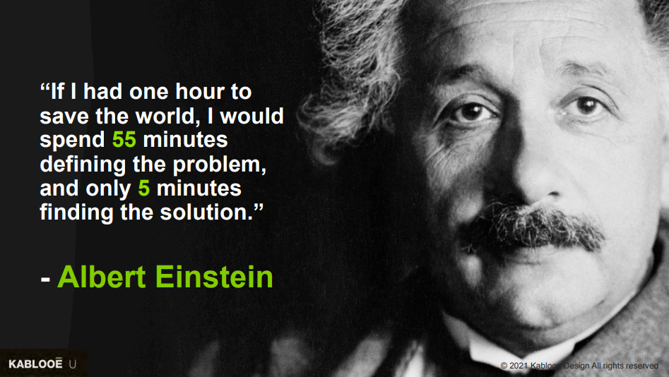 Black and white close-up photo of Albert Einstein with his quote: “If I had one hour to save the world, I would spend 55 minutes defining the problem, and only 5 minutes finding the solution.” His name is highlighted in green.