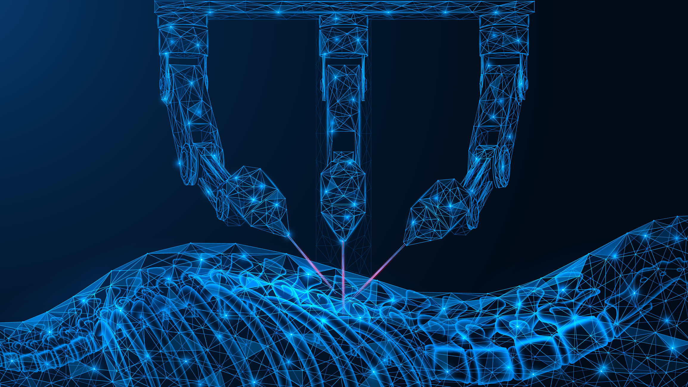 A digital illustration shows a robotic arm performing surgery, with blue wireframe lines forming the arm and a human body, highlighting precision and technology in medical procedures.