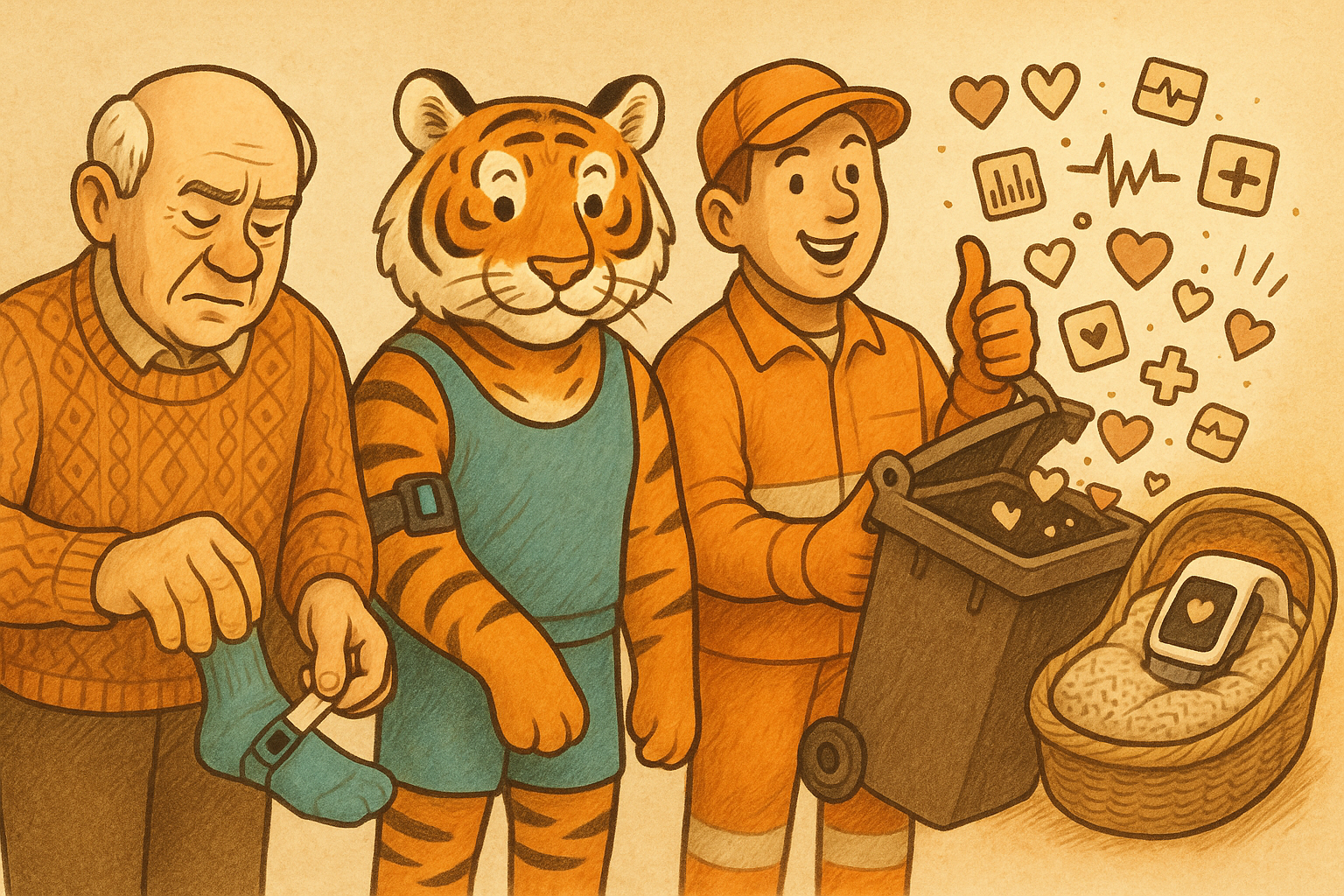 An elderly man puts on a sock, a tiger in workout clothes stands beside him, and a smiling worker gives a thumbs up while emptying a trash bin filled with social media icons, with a phone in a basket nearby.