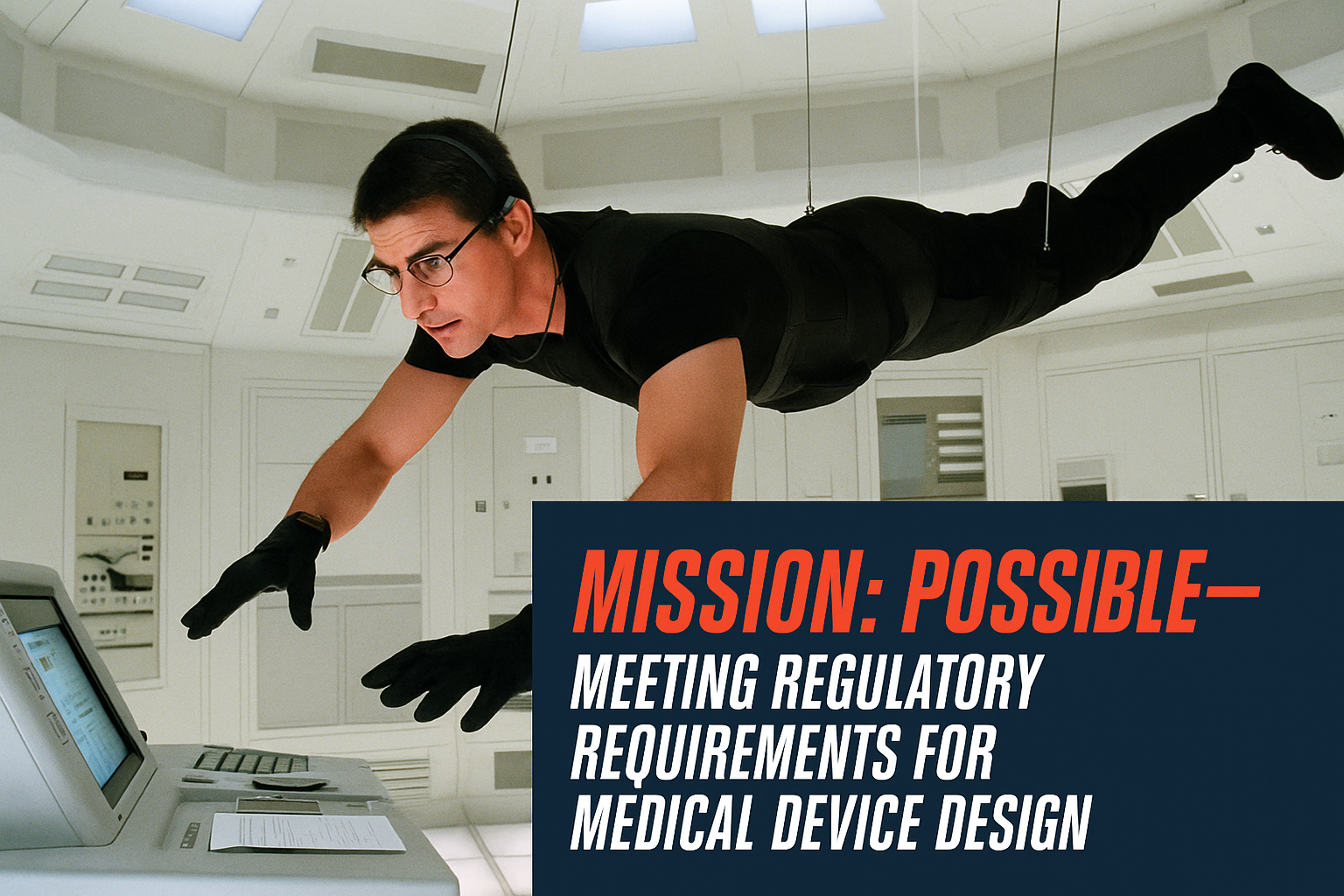 A person in black clothing and gloves is suspended horizontally in a high-tech, white room, typing on a computer. Text overlay reads: "MISSION: POSSIBLE—Meeting Regulatory Requirements for Medical Device Design.