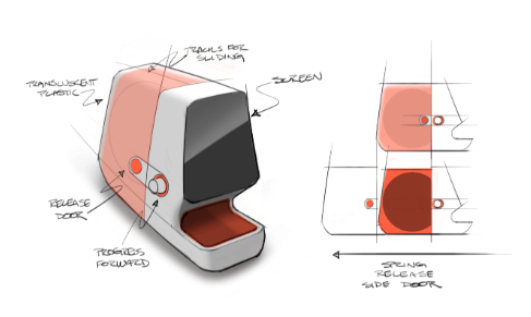 A conceptual sketch of a compact device with a screen, translucent plastic casing, and a release door. The right side shows side and front technical views with labeled parts and design notes.