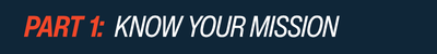 Text graphic with "PART 1:" in bold red letters and "KNOW YOUR MISSION" in white italic letters on a dark blue background.
