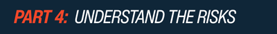 Text graphic with "PART 4:" in bold, orange italic letters, followed by "UNDERSTAND THE RISKS" in white italic letters on a dark blue background.