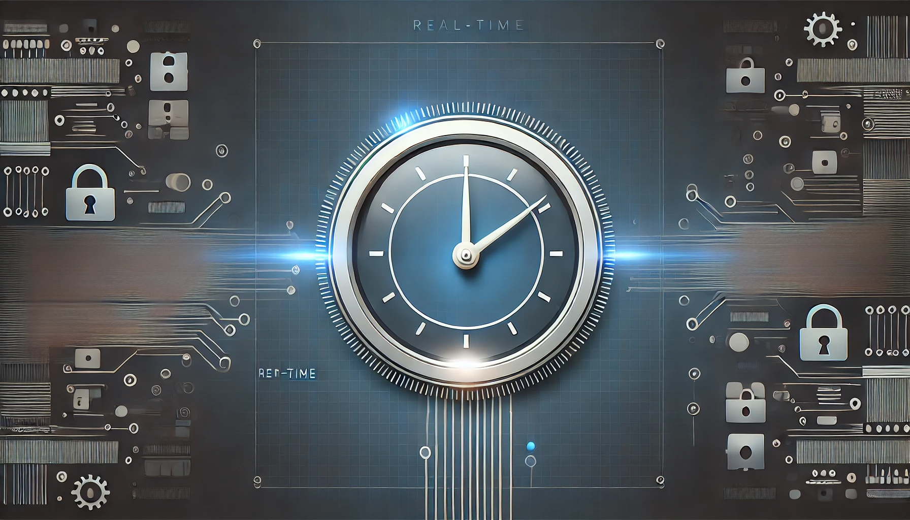 A futuristic clock with glowing blue accents is centered between digital circuit patterns and padlock icons, symbolizing cybersecurity and real-time technology. The background features grid lines and the words "REAL-TIME" and "RET-TIME.