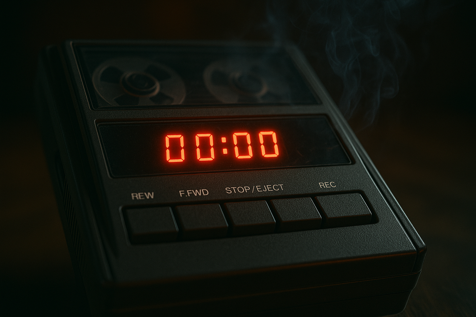 A close-up of a vintage tape recorder displaying 00:00 in red digital numbers, with buttons labeled REW, F. FWD, STOP/EJECT, and REC; faint smoke rises in the background.
