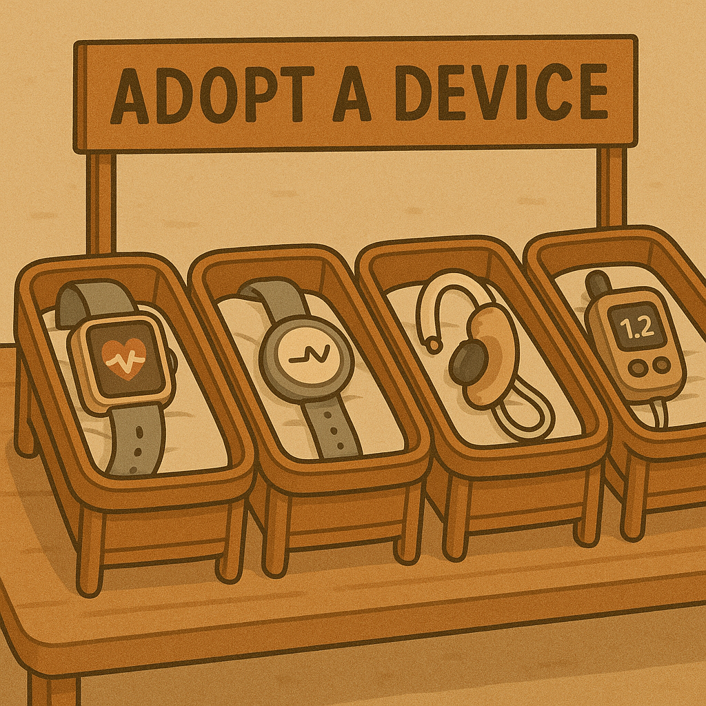 A display table with a sign reading "Adopt A Device" shows four wearable tech gadgets, including smartwatches and earbuds, each resting in its own tray like pets waiting for adoption.