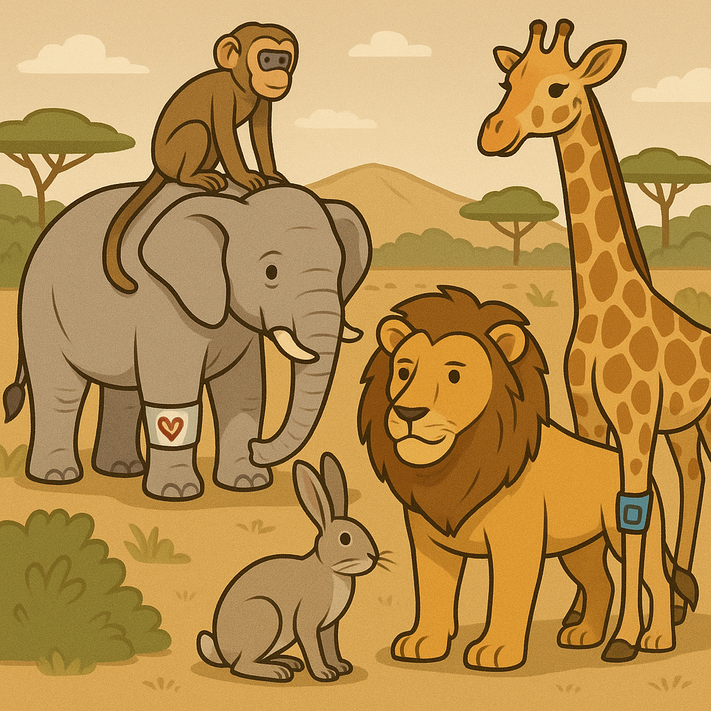 A cartoon illustration of an elephant, monkey, giraffe, lion, and rabbit standing together on a grassy plain with trees and hills in the background. The elephant and giraffe have heart-shaped and star-shaped markings.