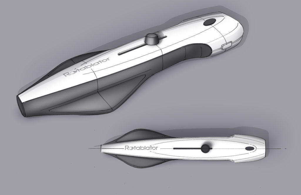 Digital rendering of a sleek, pen-like medical device labeled "Rotablator," shown from side and top views, featuring a contoured grip and a slider button on its surface.