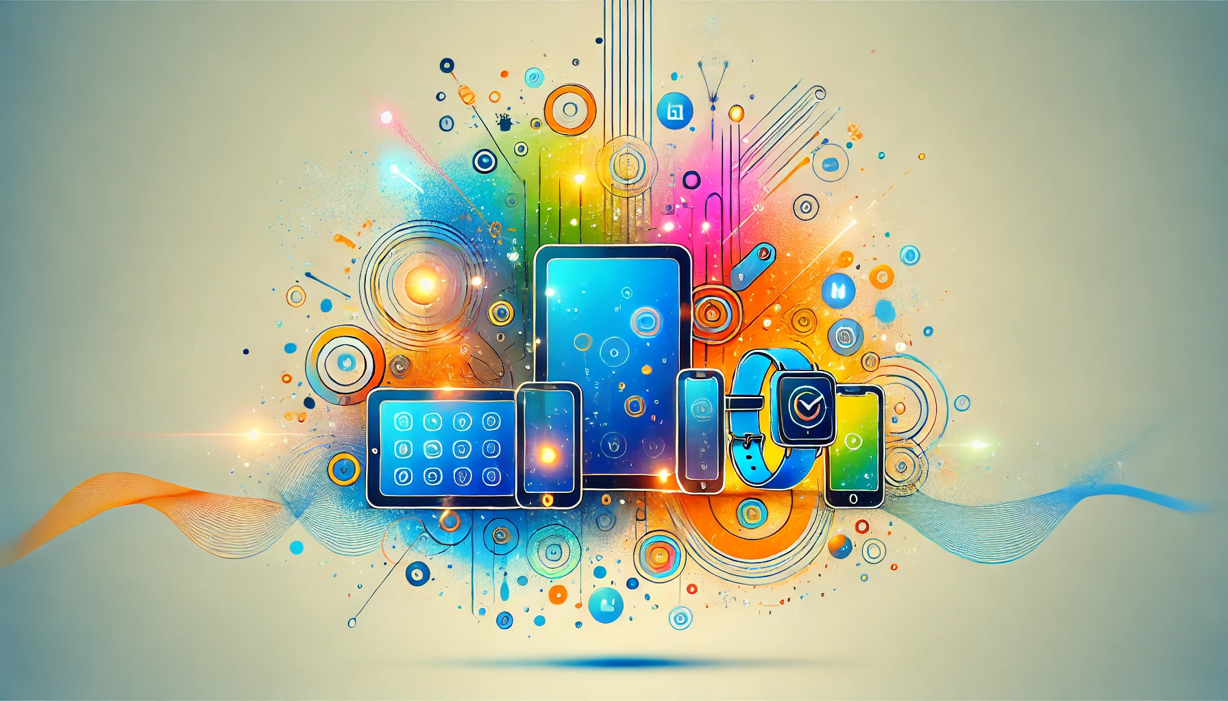 A vibrant digital illustration of various smart devices—phones, tablets, smartwatch—surrounded by colorful abstract shapes, circuits, and digital icons, symbolizing interconnected modern technology.