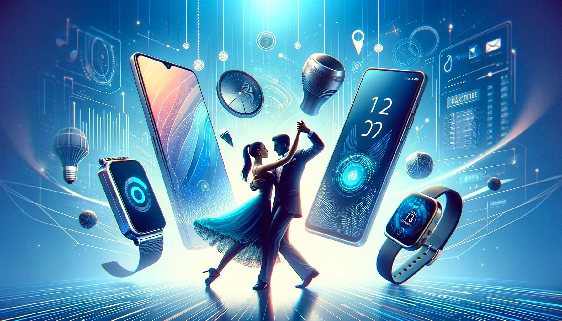 A couple dances in the center, surrounded by glowing smart devices like smartphones, smartwatches, and light bulbs, symbolizing technology’s integration into daily life. The scene has a futuristic and vibrant blue tone.