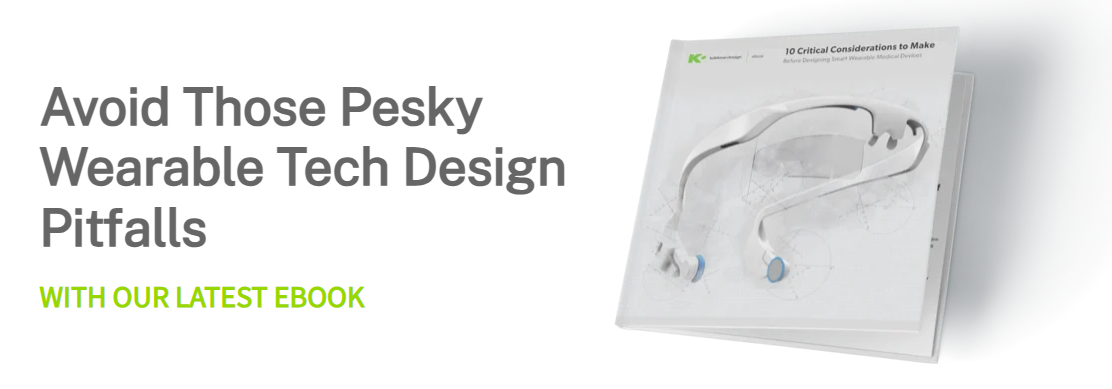 A promotional image showing a booklet titled "10 Critical Considerations to Make" next to the text "Avoid Those Pesky Wearable Tech Design Pitfalls. WITH OUR LATEST EBOOK" in green and gray fonts.