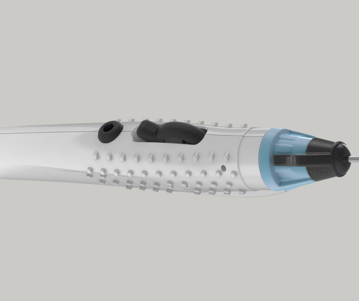 Close-up of a white pen with a textured grip, a black clicker button, and a transparent blue tip, set against a plain gray background.