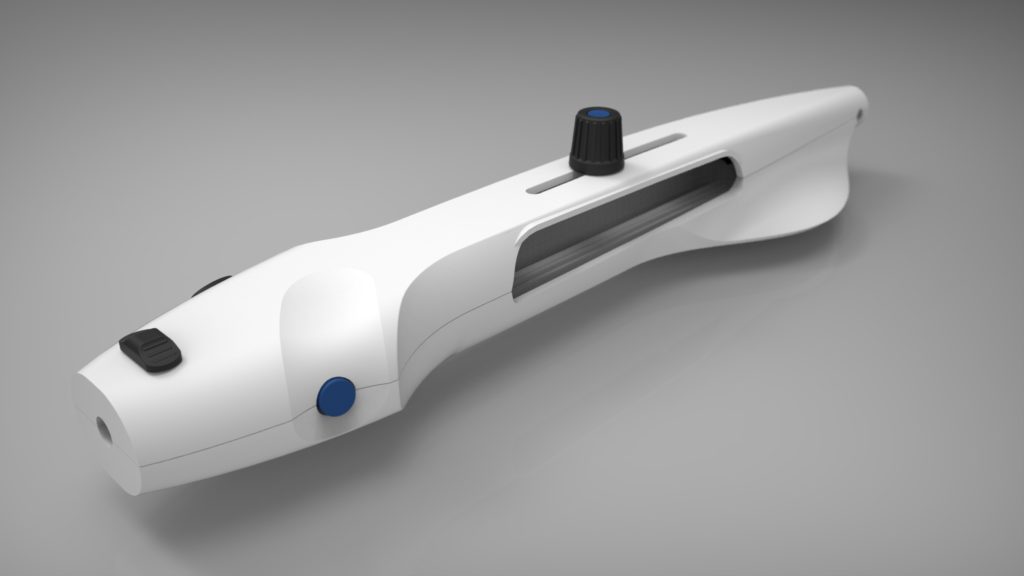 A sleek white handheld medical device with a black knob, a blue button, and a transparent window, displayed on a gray surface.