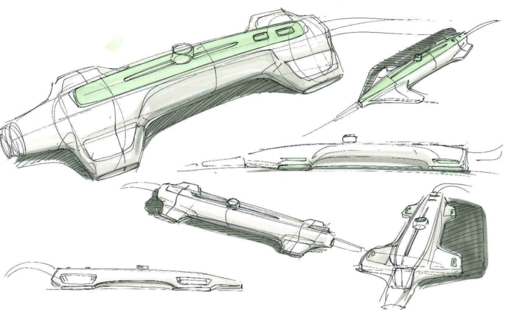A set of hand-drawn technical sketches showing different angles and perspectives of a futuristic, streamlined device with buttons and a slider, featuring both rounded and angular design elements.