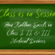 A green chalkboard displays the cursive text “Class is in Session. How Kablooe Excels in medical device classes I, II, & III” written in white and green chalk.
