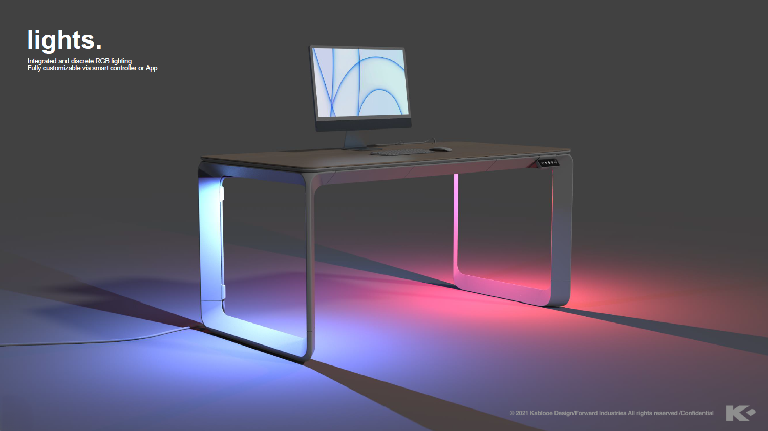 Apple Desk RGB Lighting A modern smart sit-stand desk with built-in LED lights on the legs glows blue and pink, with a computer monitor on top. The scene is softly lit, highlighting the futuristic and minimalist design.
