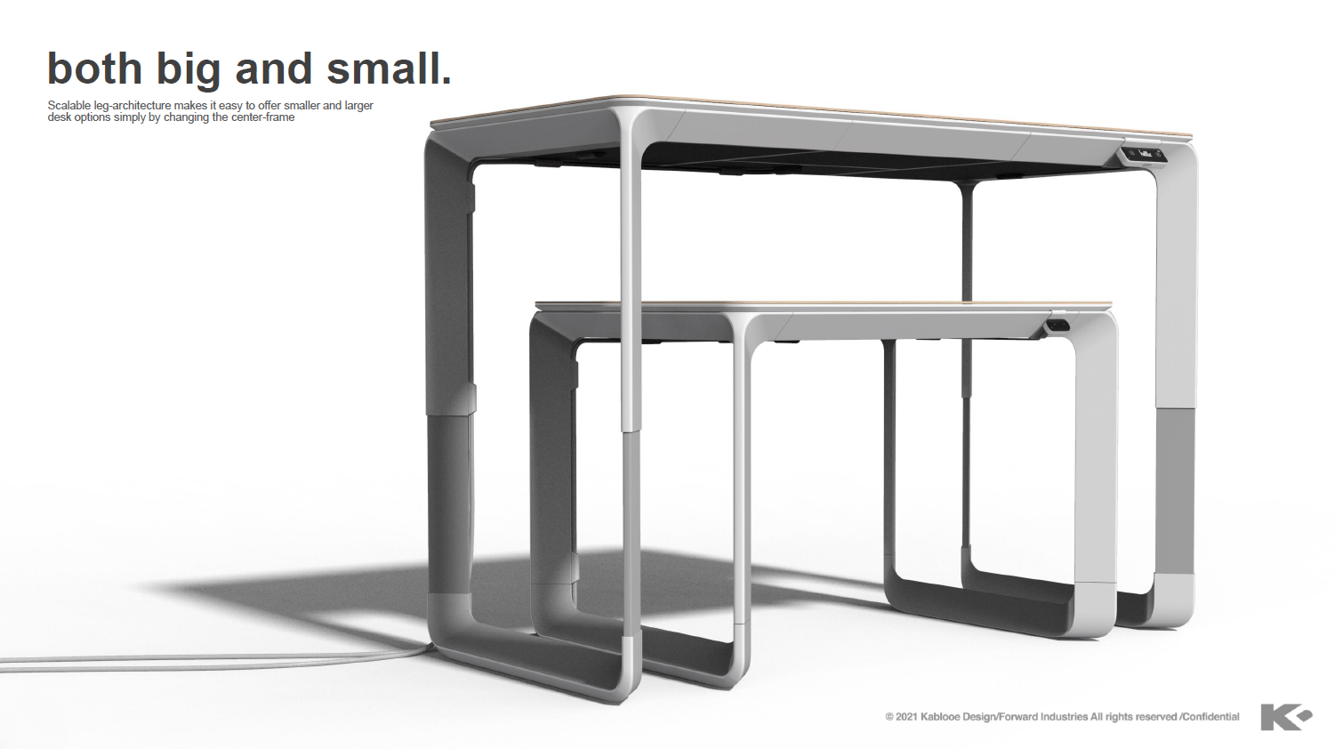 Apple Desk Size Options Two modern, minimalist smart sit-stand desks of different sizes are nested together. The desks have light-colored tops and gray legs. Text above reads, "both big and small," describing the scalable desk design.