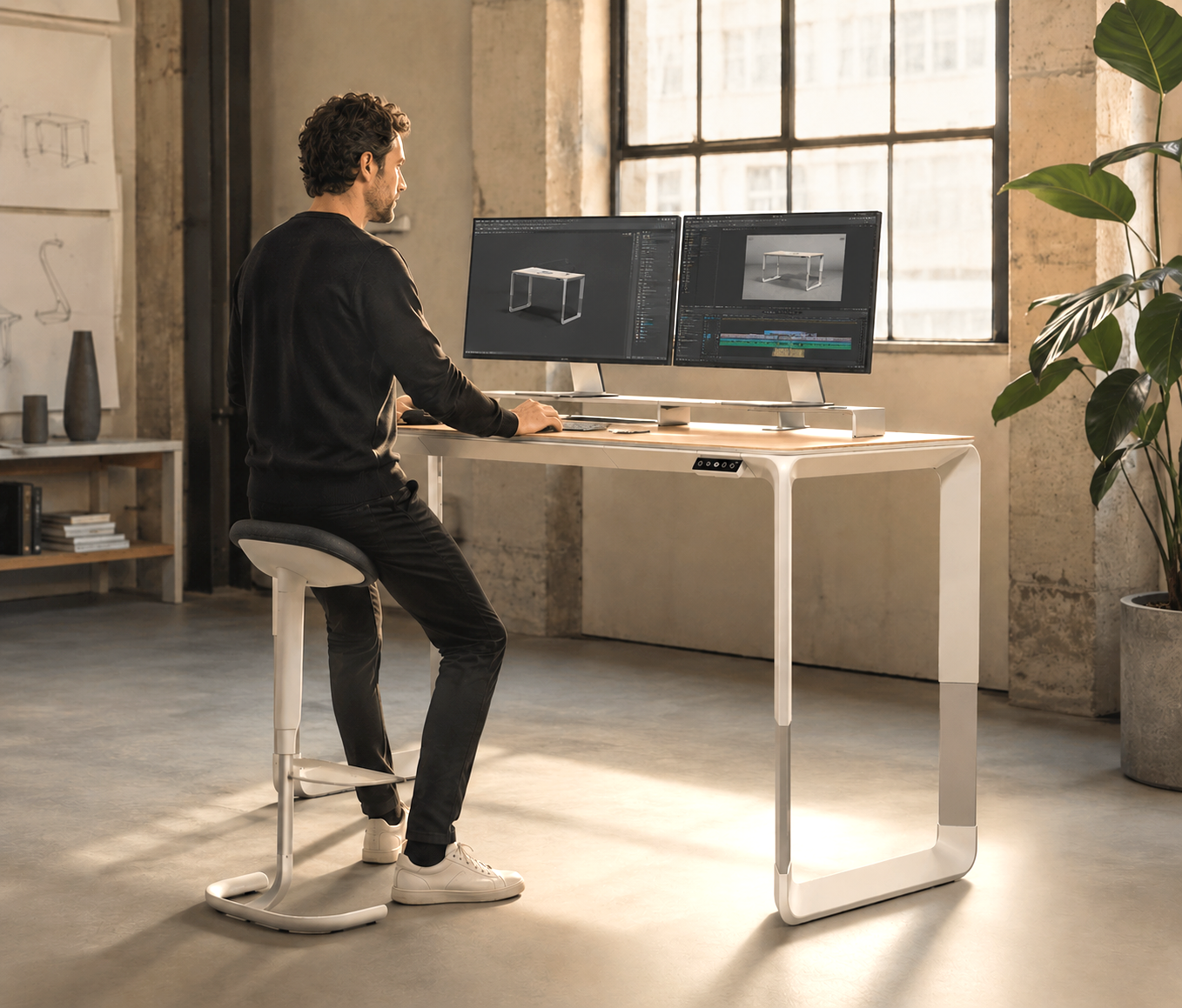 Apple-Desk-in-use High-End, Smart Sit-Stand Desk in use - Concept photo - Kablooe Design
