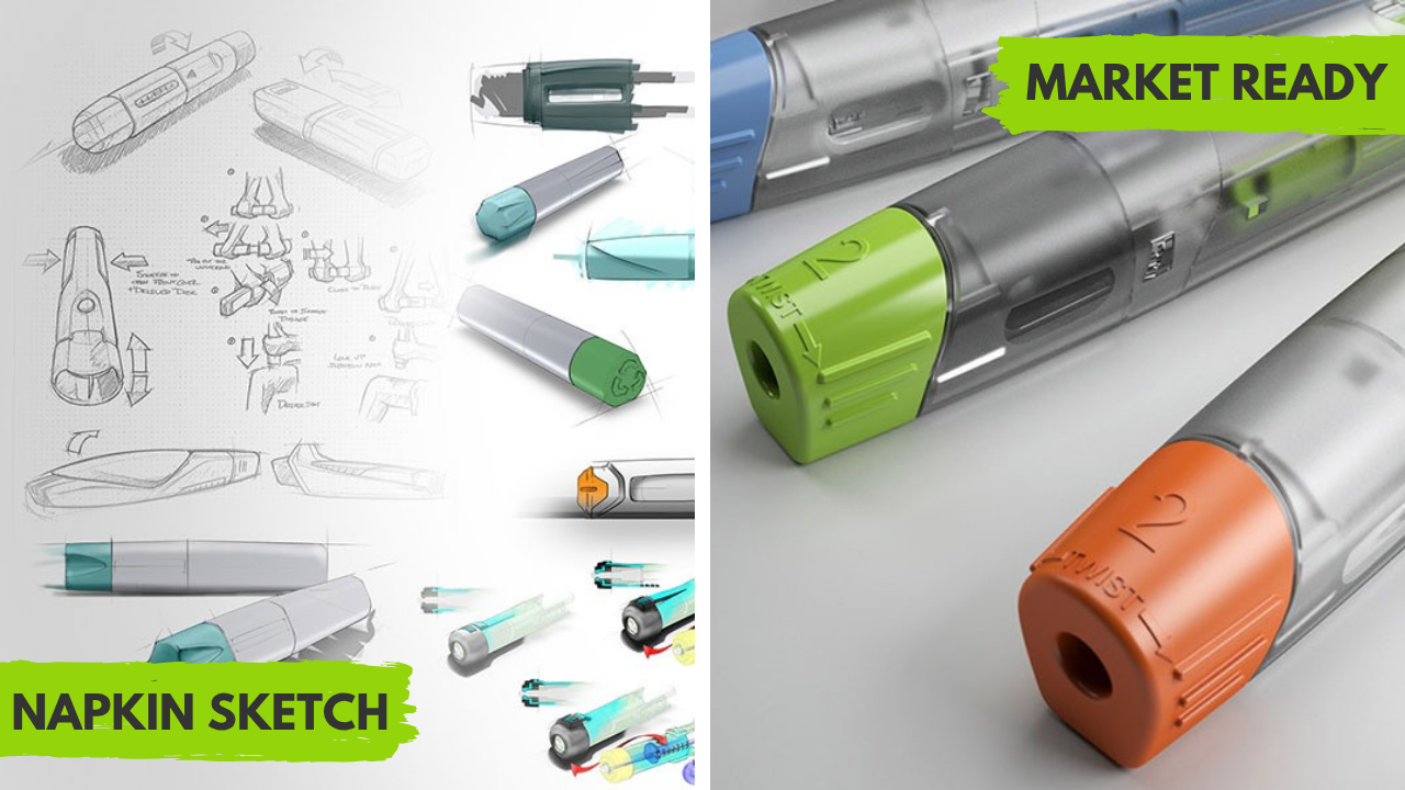 Early pencil sketches of auto injector concepts beside the finished Antares Pharma self-injection devices.