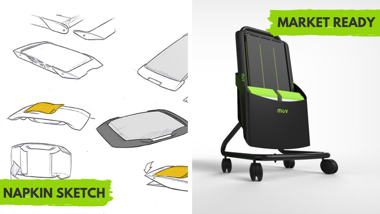 Concept sketches of the MuV patient transfer board beside the finished black and green MuV transfer cart with green transfer sheets, labeled napkin sketch and market ready.