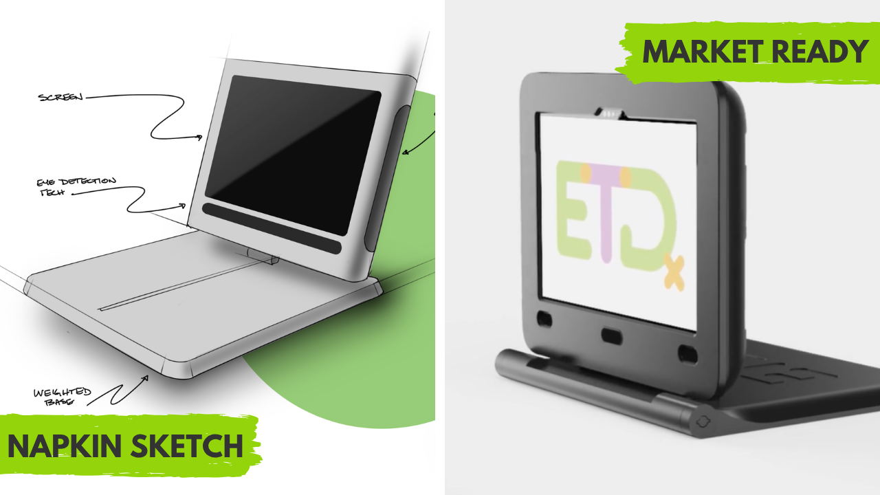 Early design sketches of an autism evaluation device beside the finished EarliPoint Evaluation system.