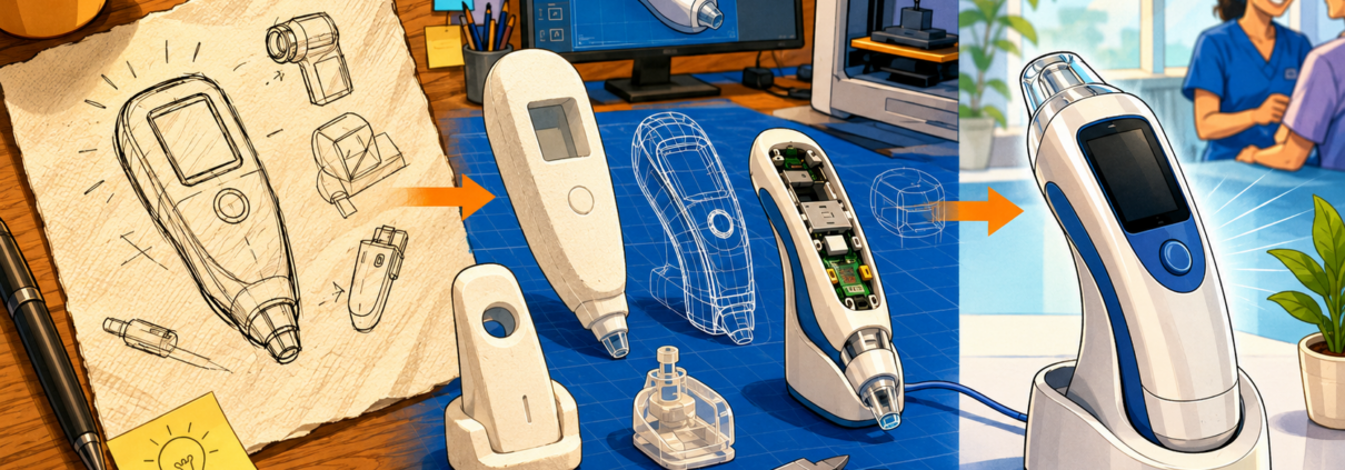 Split illustration showing a hand-drawn concept sketch of a medical device on the left, CAD models and 3D-printed prototypes in the middle, and the finished device in a clinical setting on the right.