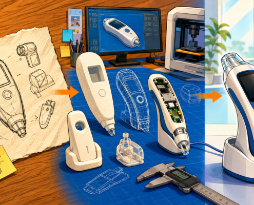 Split illustration showing a hand-drawn concept sketch of a medical device on the left, CAD models and 3D-printed prototypes in the middle, and the finished device in a clinical setting on the right.