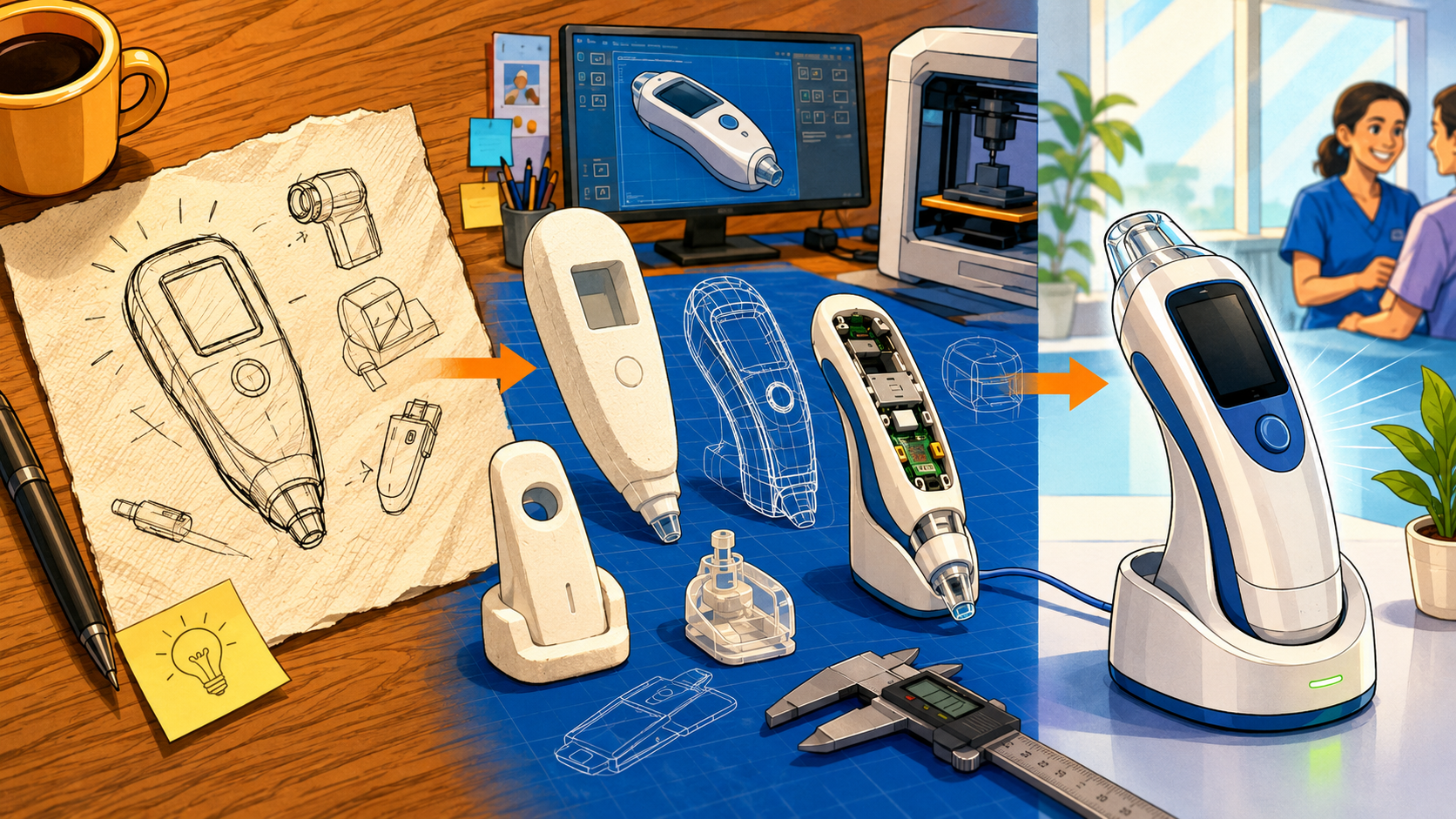 Split illustration showing a hand-drawn concept sketch of a medical device on the left, CAD models and 3D-printed prototypes in the middle, and the finished device in a clinical setting on the right.