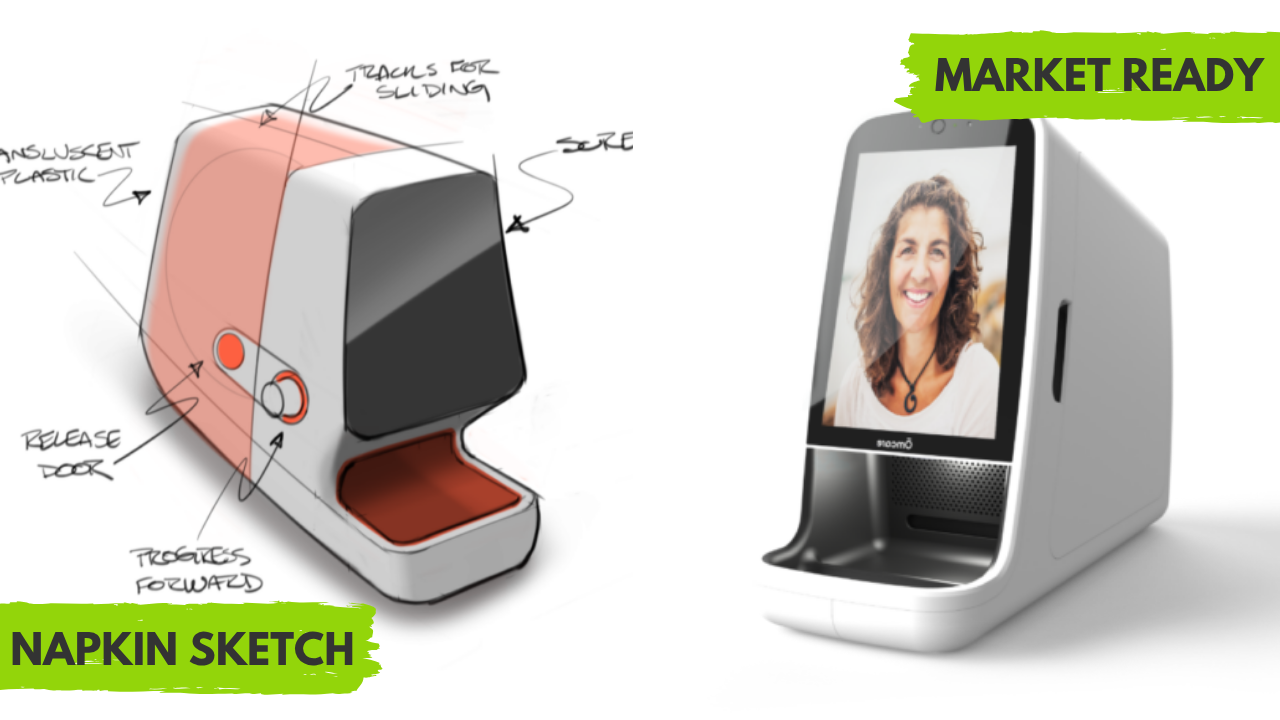 Concept sketches of an in-home medication dispenser beside the finished Omcare device.