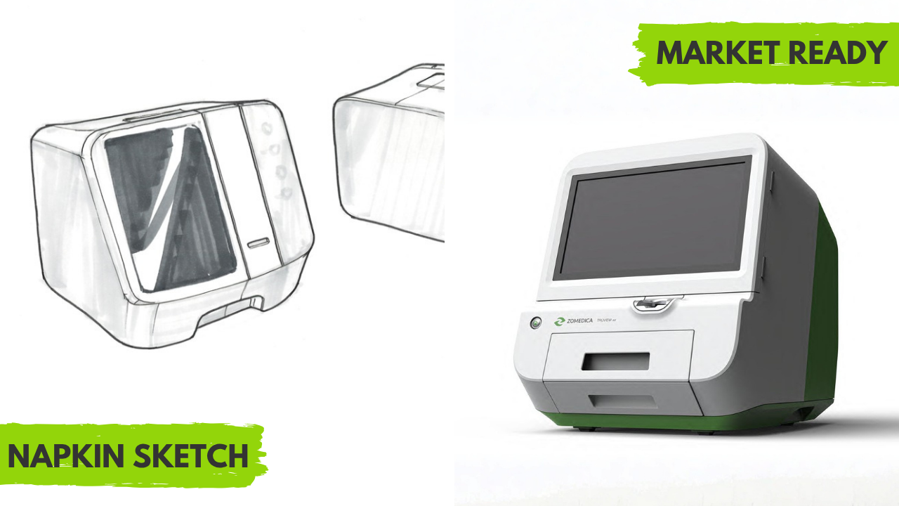 Design sketches of an automated digital microscope beside the finished Zomedica TruView enclosure.